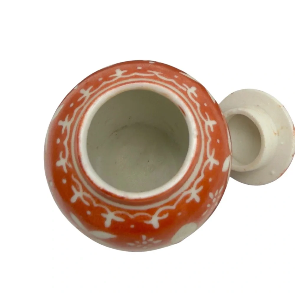 Chinese Miniature Ginger Jar Iron Red White Florals Cross With Display Base Vtg